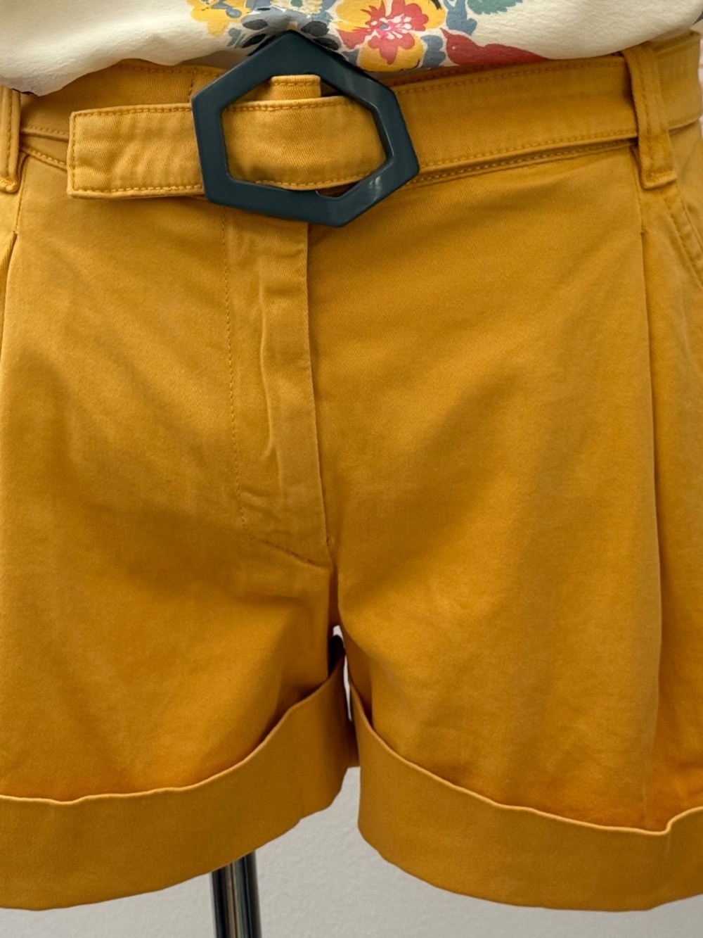 Yellow Fiorucci Denim Shorts with Black Belt Buckle. Italian Luxury. Size 6-8